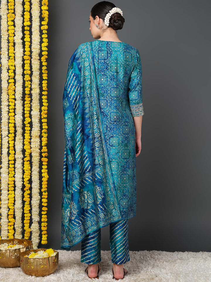 ZERESOUQ-Teal-Polyester-Ethnic-Motifs-Printed-Straight-Kurta-Trouser-With-Dupatta