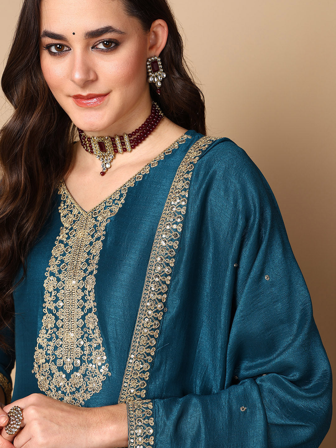 ZERESOUQ-Teal-Silk-Blend-Solid-Embroidered-Straight-Kurta-Trouser-With-Dupatta