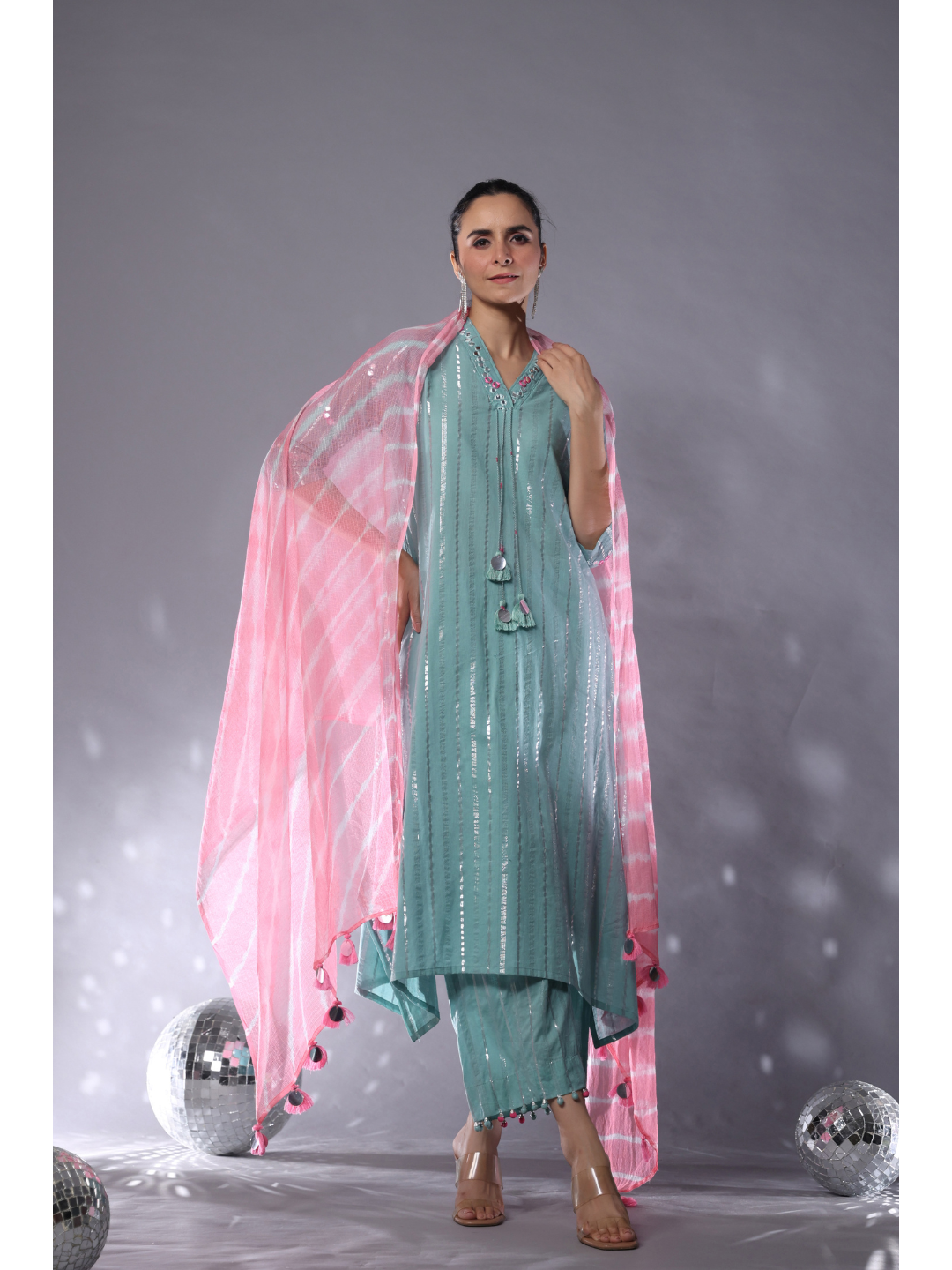 Teal & Pink Cotton Lurex Striped Kurta Set of 3
