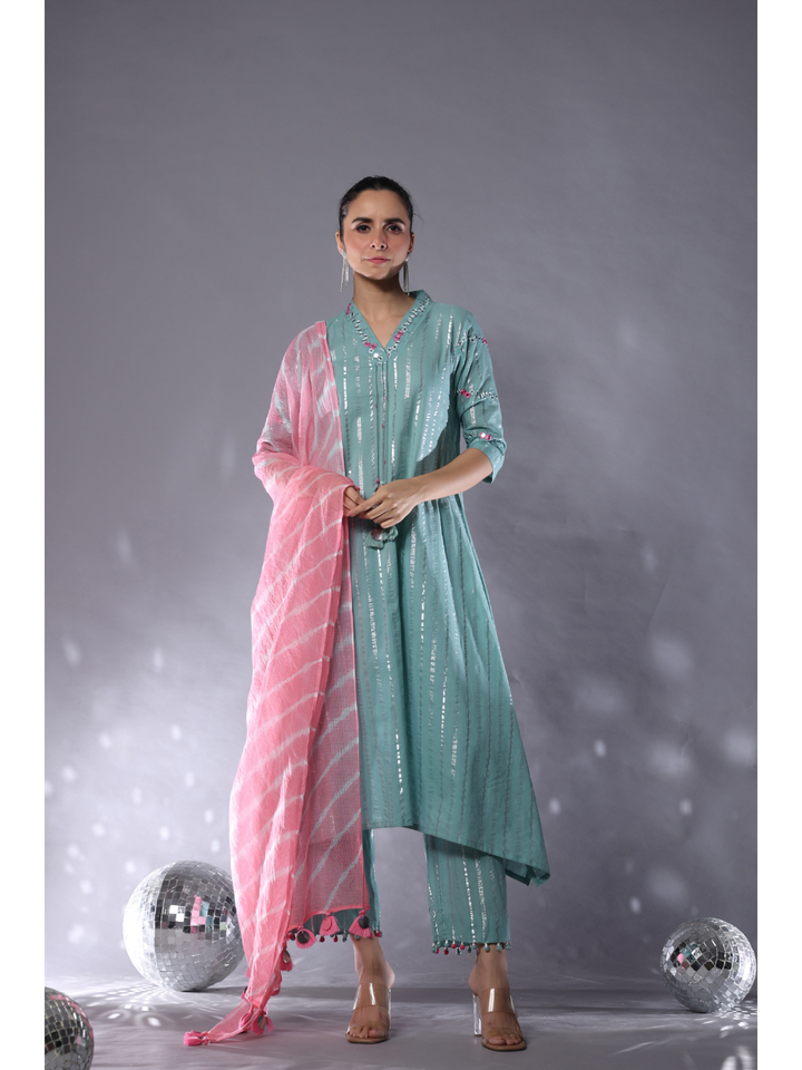 Teal & Pink Cotton Lurex Striped Kurta Set of 3