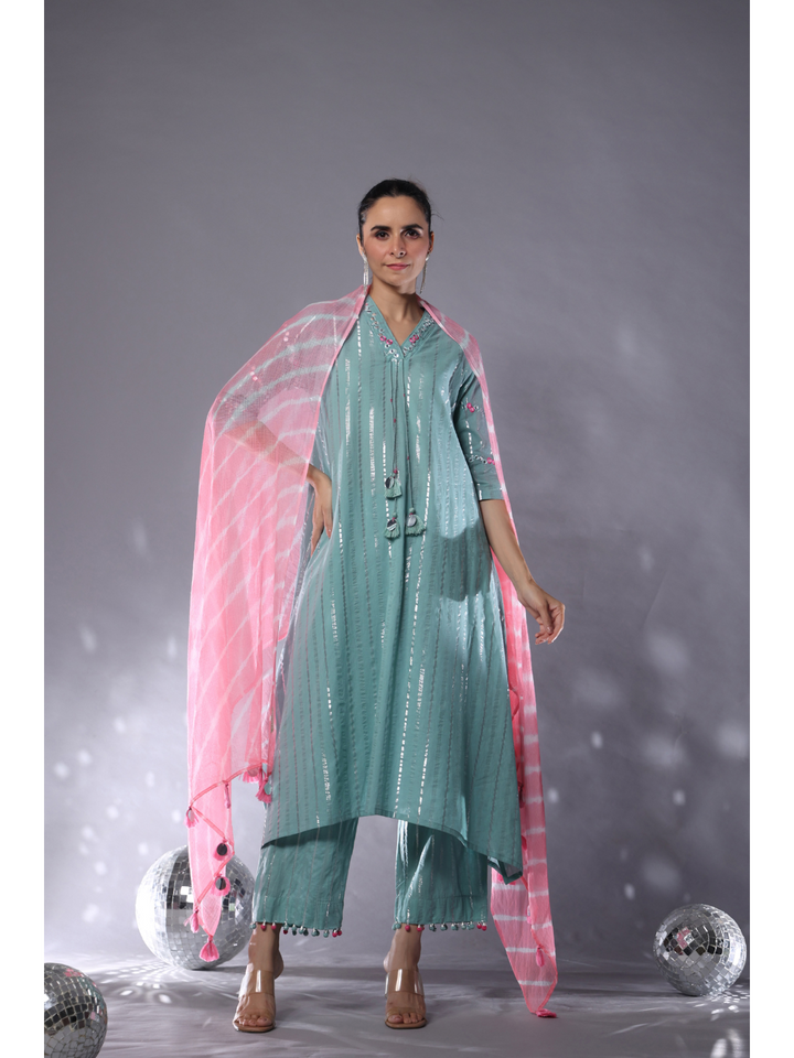Teal & Pink Cotton Lurex Striped Kurta Set of 3