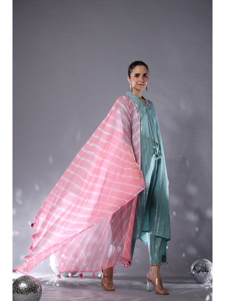 Teal & Pink Cotton Lurex Striped Kurta Set of 3