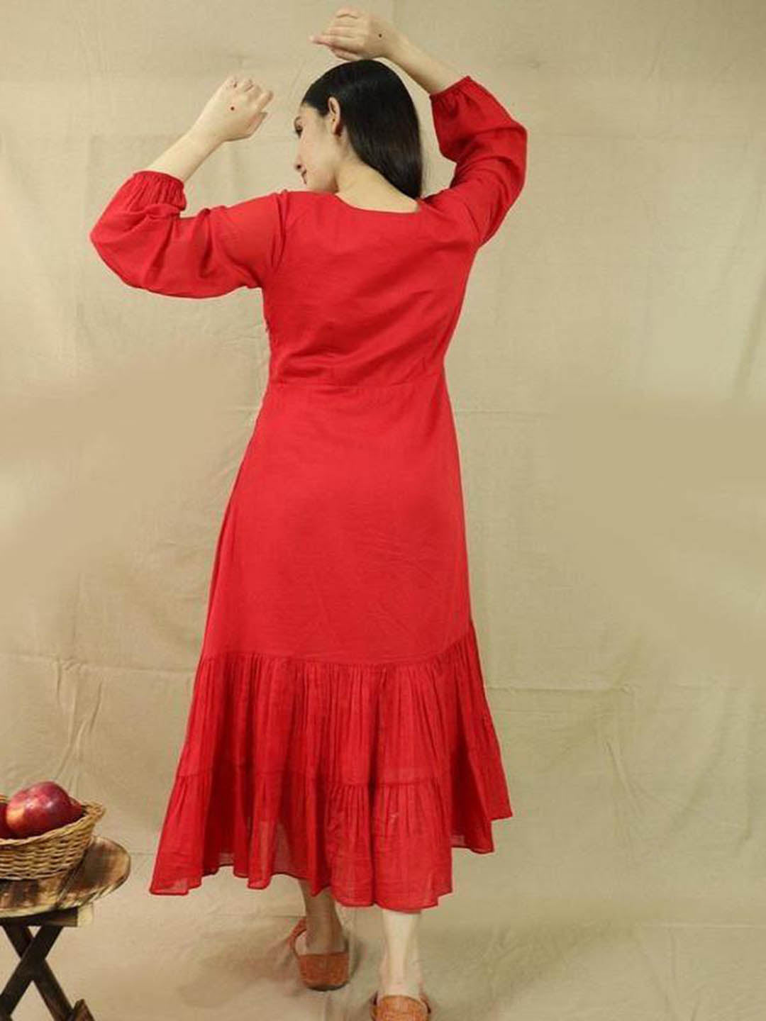 Embroidered-Mulmul-Red-A-Line-Ruby-Dress