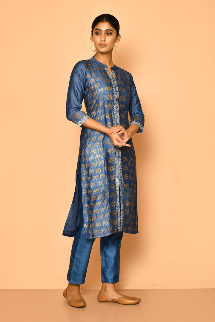 ZERESOUQ-Topaz-Peacock-Blue-Handloom-Cotton-Silk-Kurta-Set