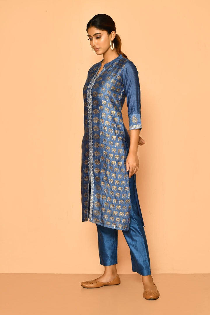 ZERESOUQ-Topaz-Peacock-Blue-Handloom-Cotton-Silk-Kurta-Set