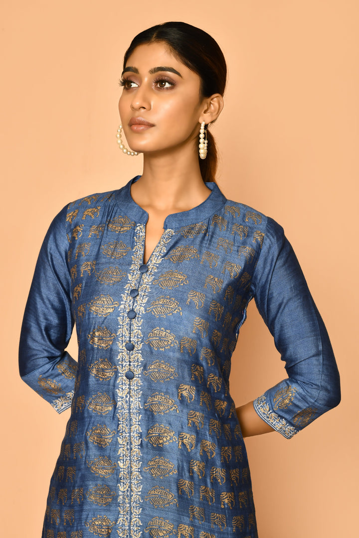 ZERESOUQ-Topaz-Peacock-Blue-Handloom-Cotton-Silk-Kurta-Set