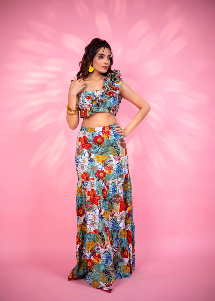 Tropical Multicolor Cotton Schiffli Skirt Set