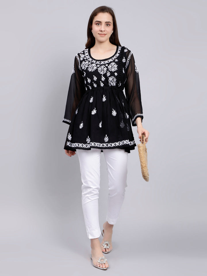 Black Georgette Angarkha Chikankari Tunic Top With Slip