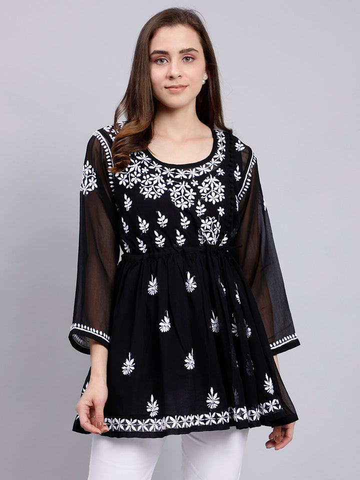 Black Georgette Angarkha Chikankari Tunic Top With Slip