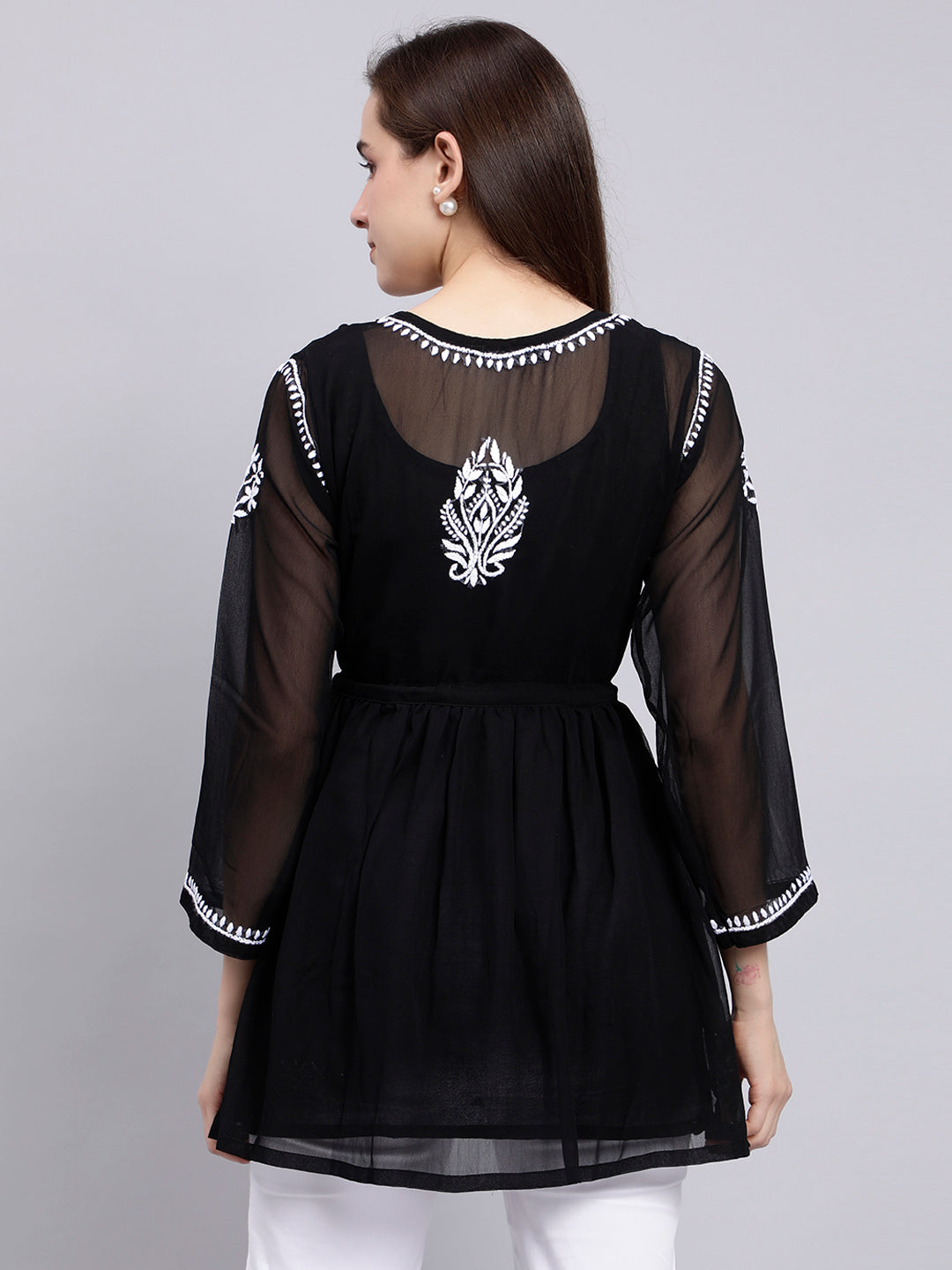 Black Georgette Angarkha Chikankari Tunic Top With Slip