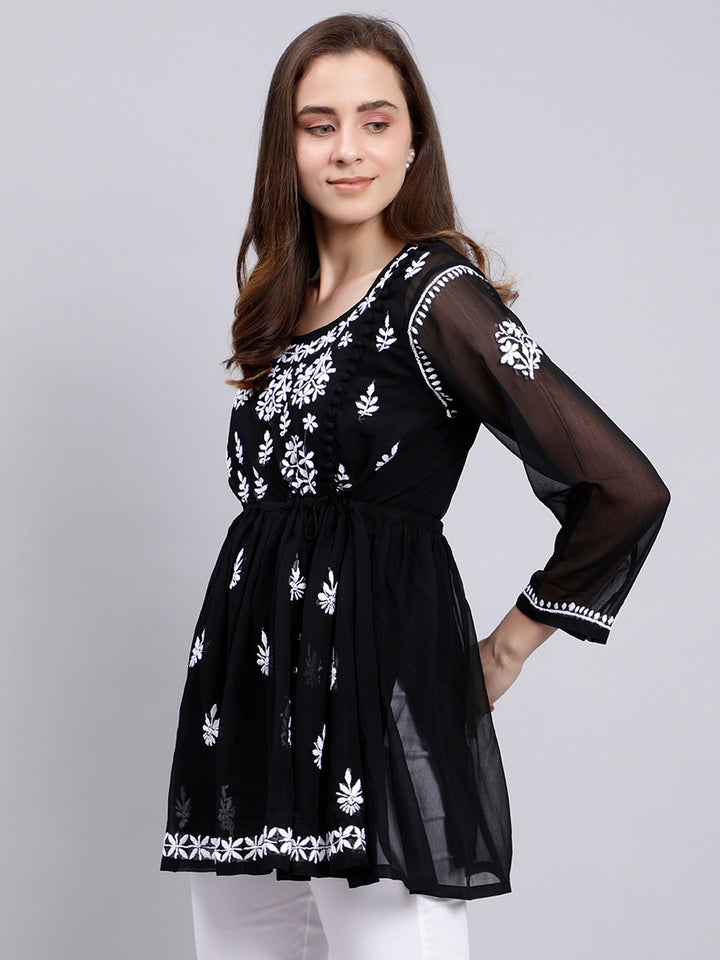 Black Georgette Angarkha Chikankari Tunic Top With Slip