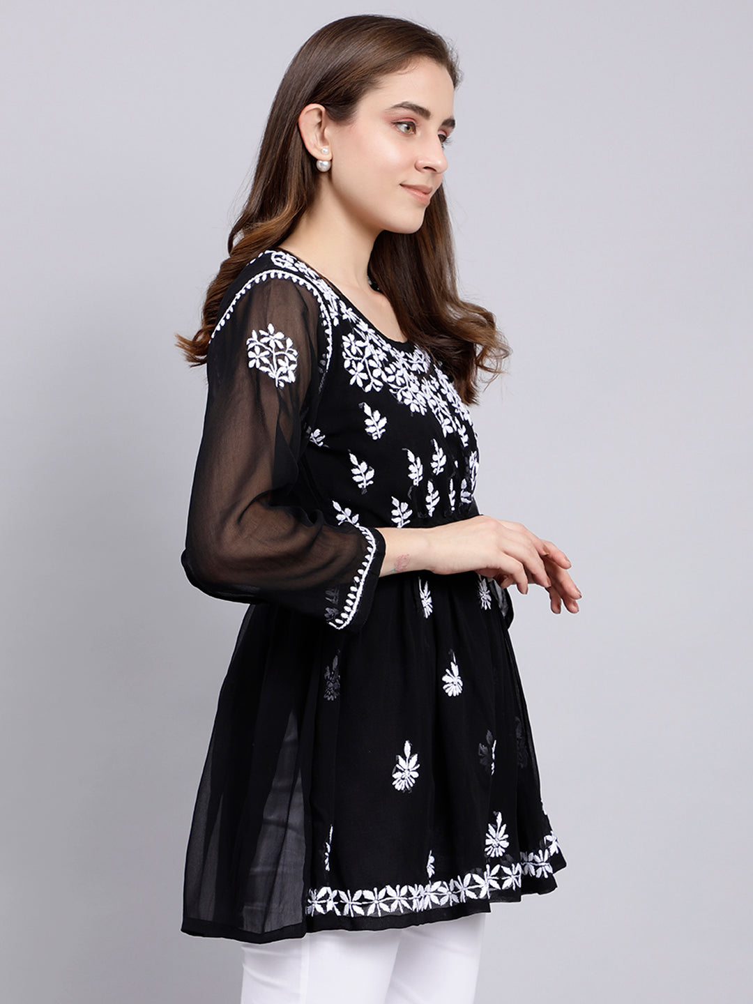 Black Georgette Angarkha Chikankari Tunic Top With Slip