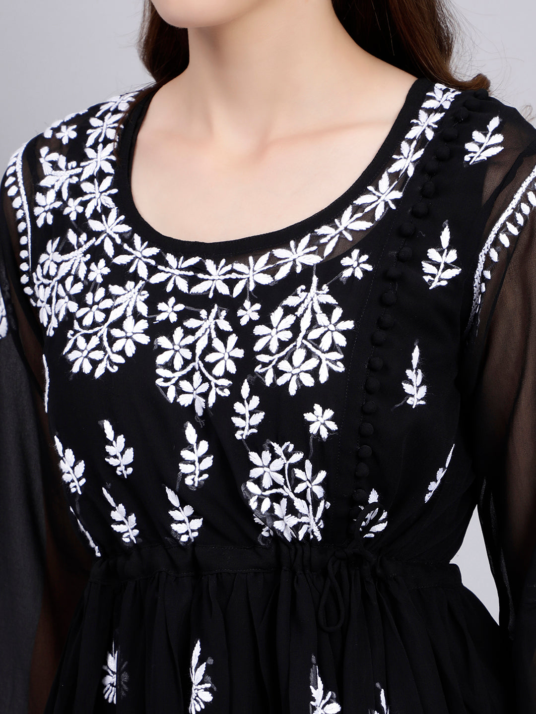 Black Georgette Angarkha Chikankari Tunic Top With Slip