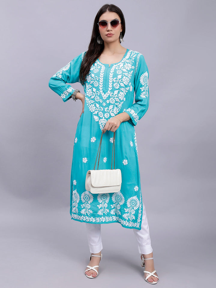 Turquiose Green Cotton Lucknowi Chikankari Embroidered Kurti