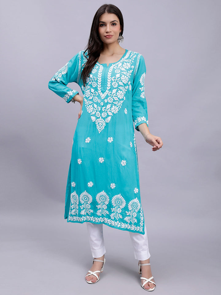 Turquiose Green Cotton Lucknowi Chikankari Embroidered Kurti