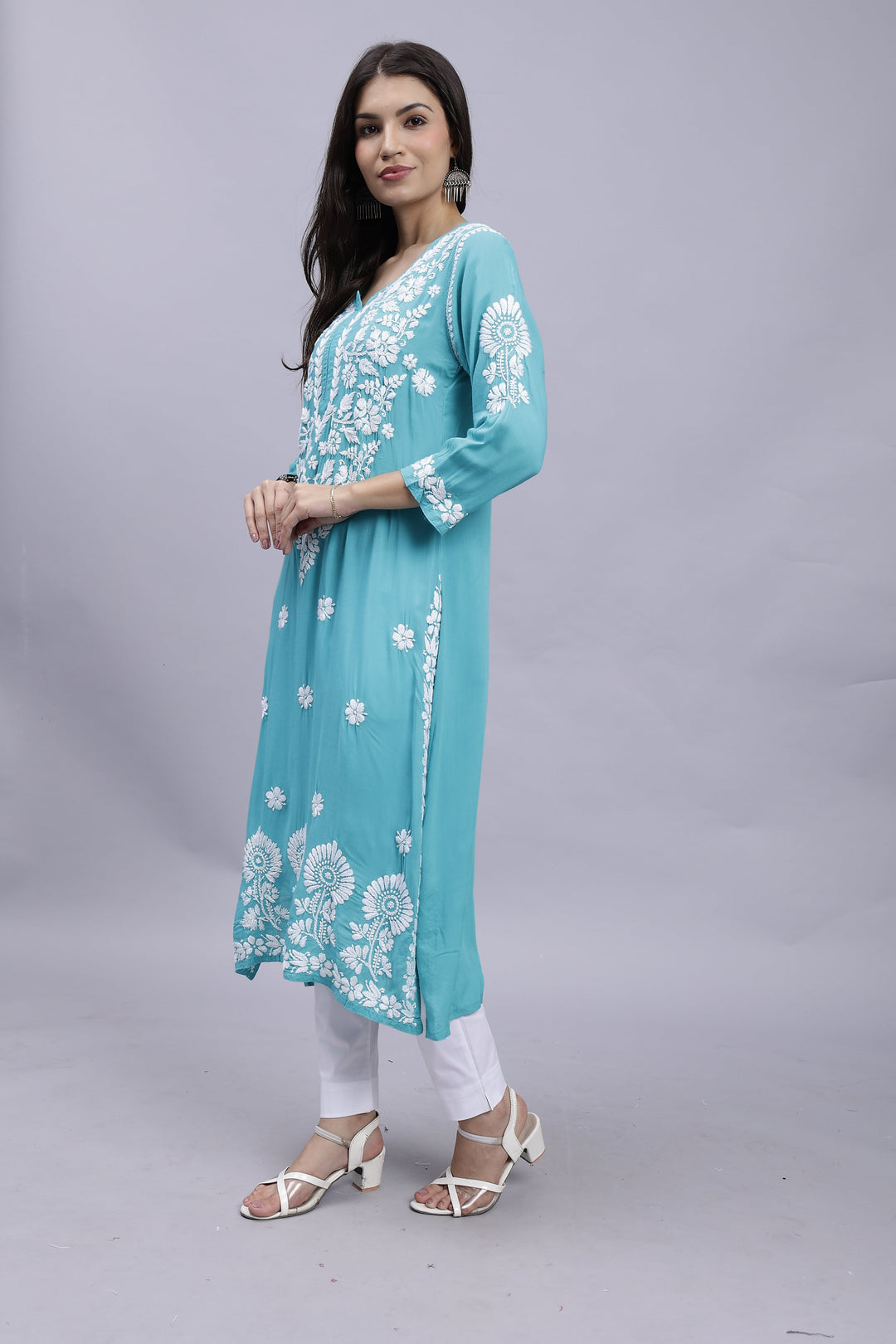 Turquiose Green Cotton Lucknowi Chikankari Embroidered Kurti