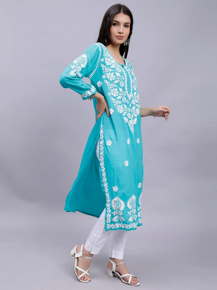 Turquiose Green Cotton Lucknowi Chikankari Embroidered Kurti