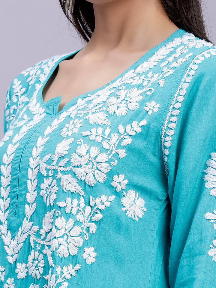 Turquiose Green Cotton Lucknowi Chikankari Embroidered Kurti