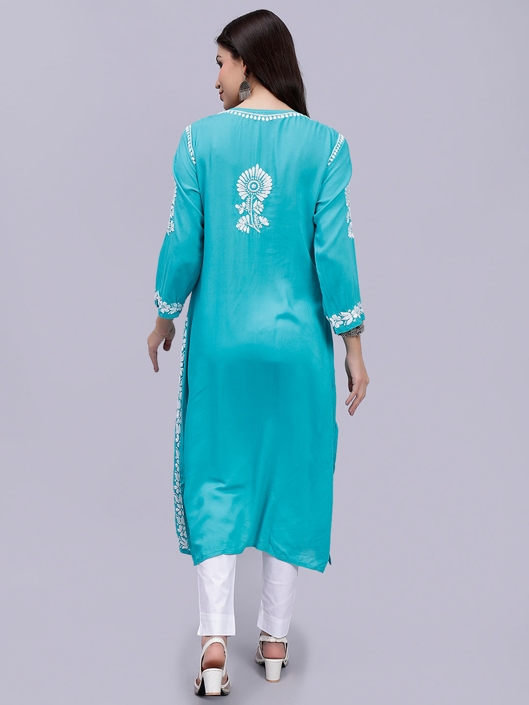 Turquiose Green Cotton Lucknowi Chikankari Embroidered Kurti