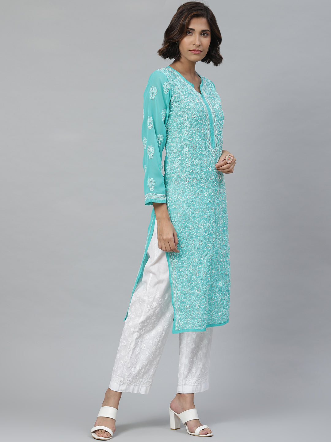 Turquoise Blue Chikan Kurta with White Palazzos