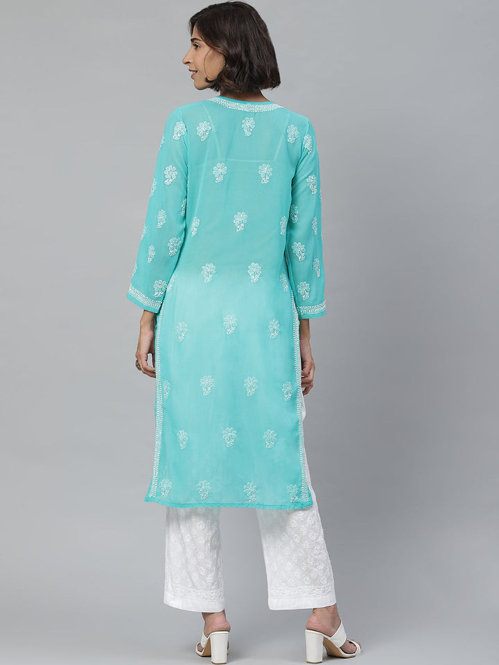 Turquoise Blue Chikan Kurta with White Palazzos