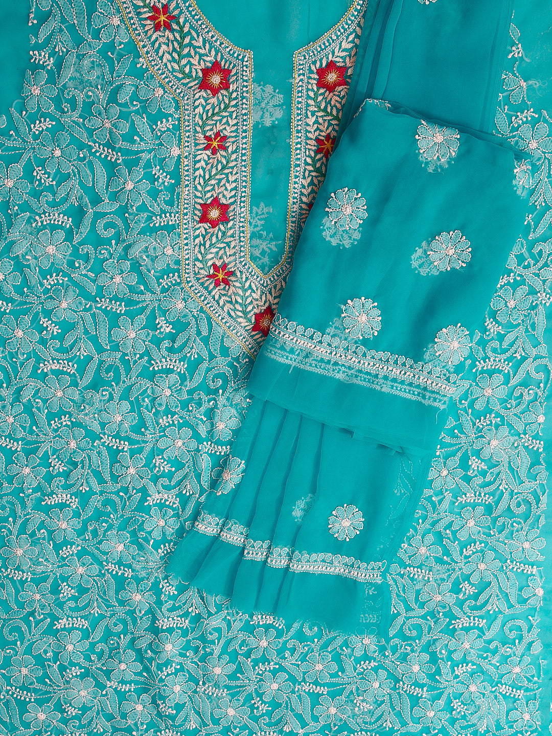 Turquoise Blue Chikankari Unstitched Dress Material