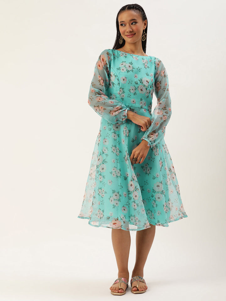 Turquoise Blue Digital Printed Organza Dress