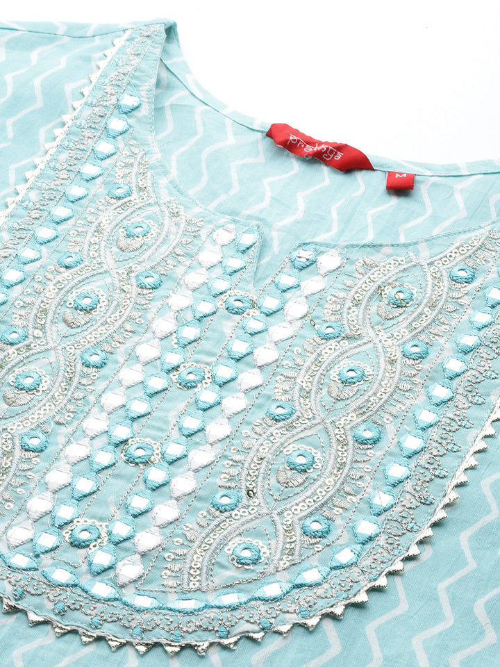 Turquoise Blue Embroidered A-line Kurta Set