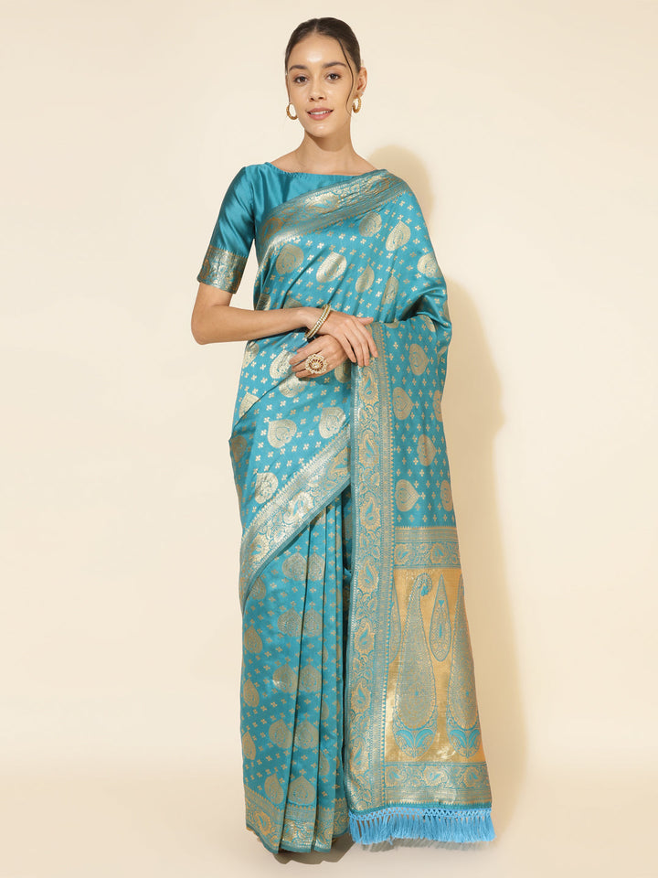 Turquoise Blue Ethnic Motif Woven Banarasi Silk Saree