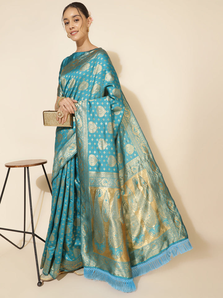 Turquoise Blue Ethnic Motif Woven Banarasi Silk Saree