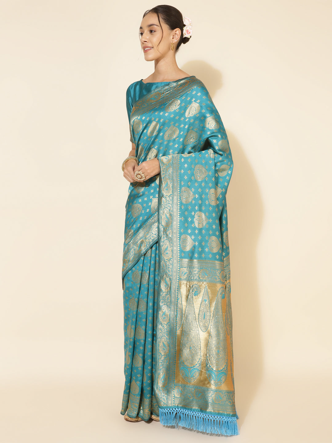 Turquoise Blue Ethnic Motif Woven Banarasi Silk Saree