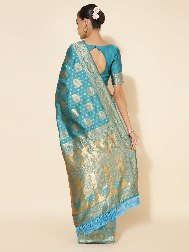 Turquoise Blue Ethnic Motif Woven Banarasi Silk Saree