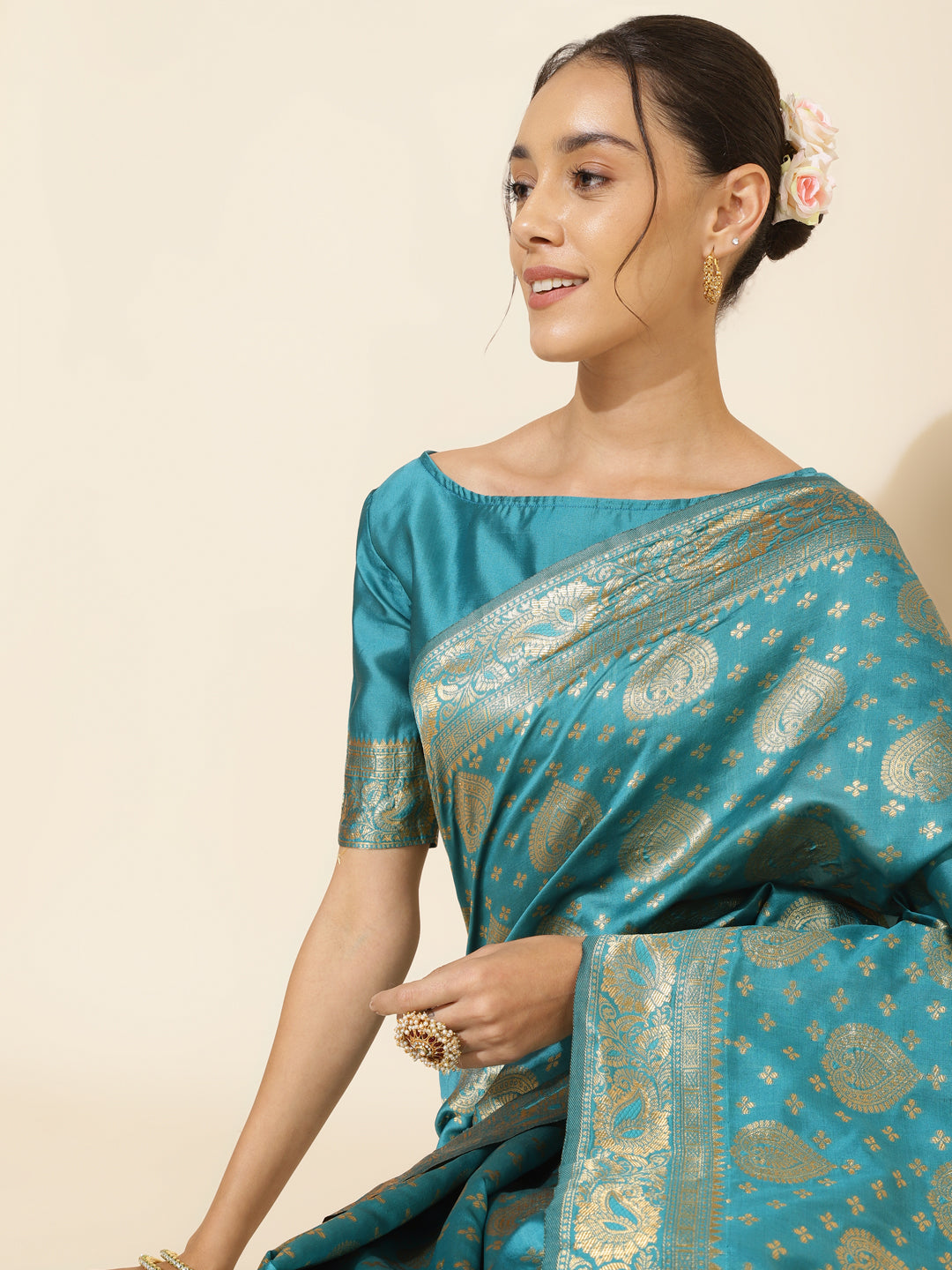 Turquoise Blue Ethnic Motif Woven Banarasi Silk Saree