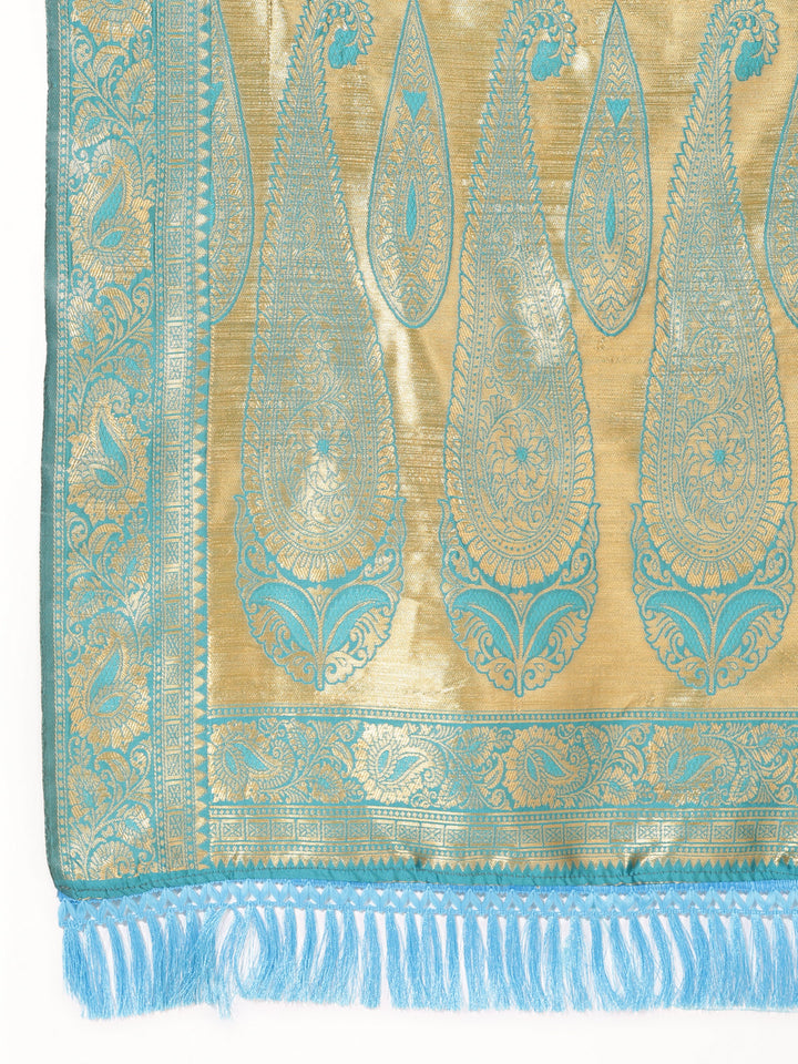 Turquoise Blue Ethnic Motif Woven Banarasi Silk Saree