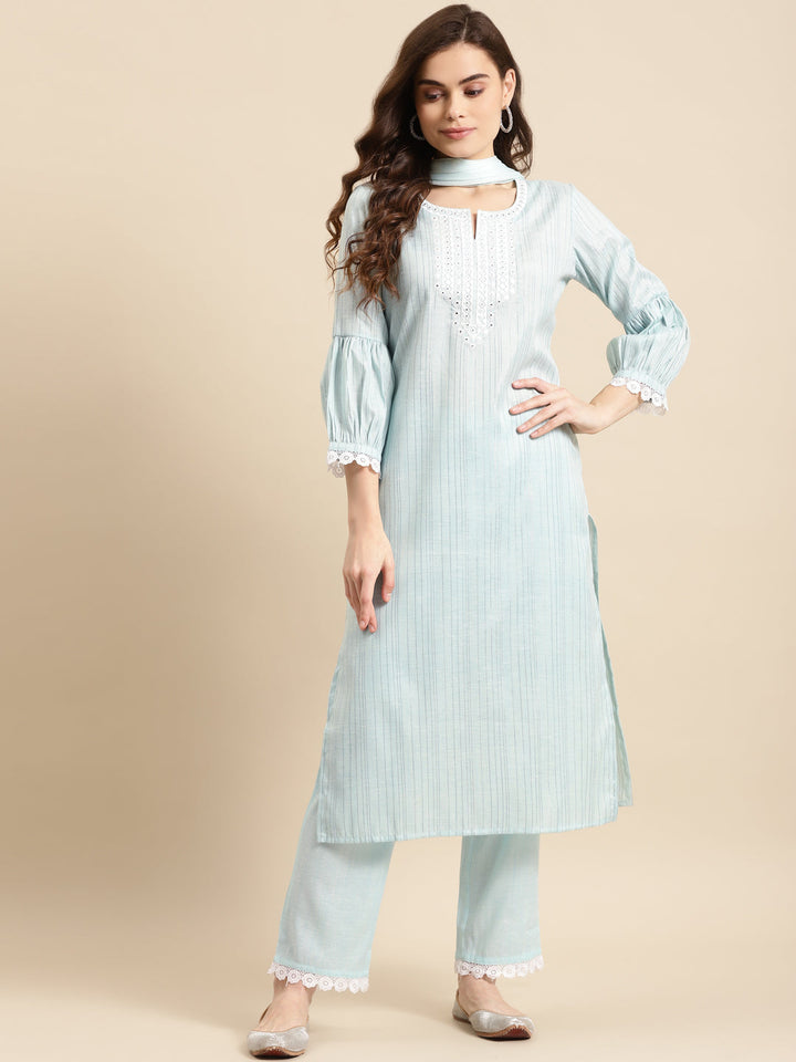 Turquoise Blue Printed Kurta Set With Dupatta