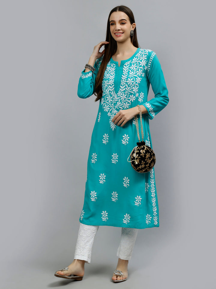 Turquoise-Blue-Rayon-Hand-Embroidered-Chikankari-Kurti