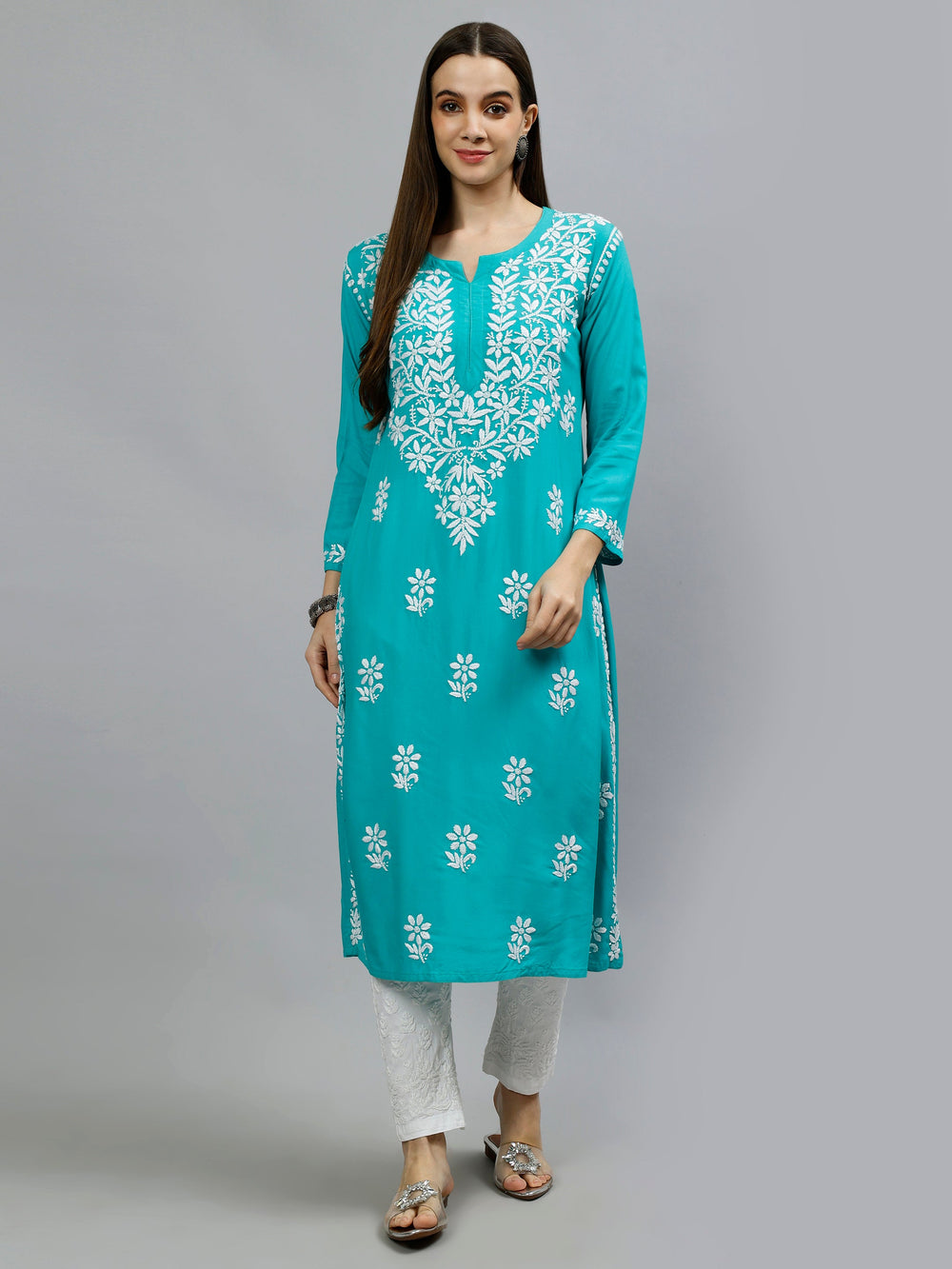 Turquoise-Blue-Rayon-Hand-Embroidered-Chikankari-Kurti