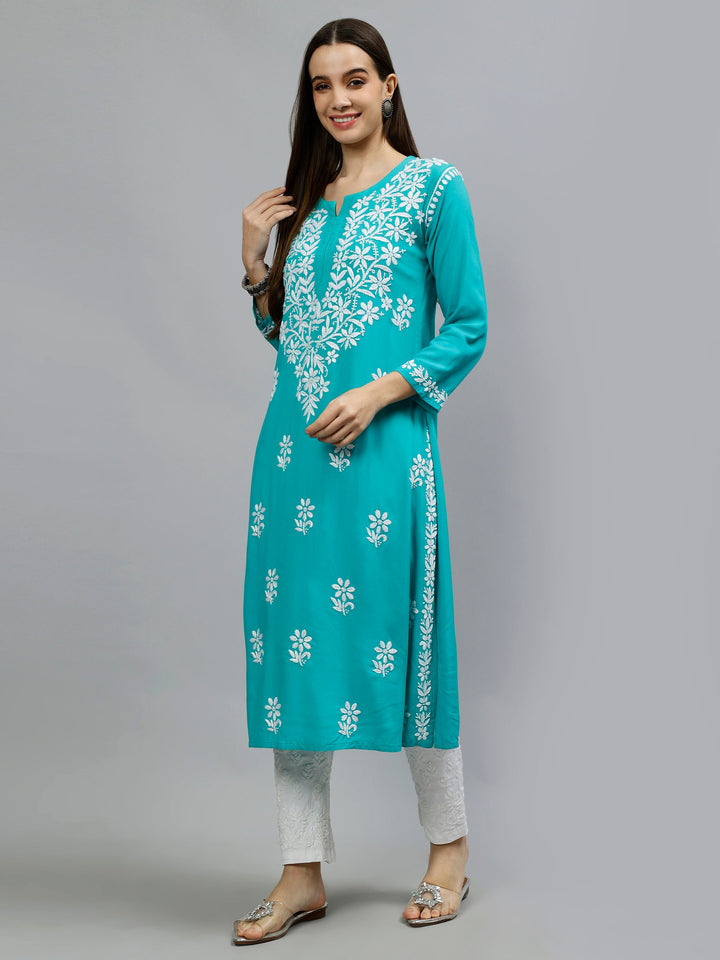 Turquoise-Blue-Rayon-Hand-Embroidered-Chikankari-Kurti