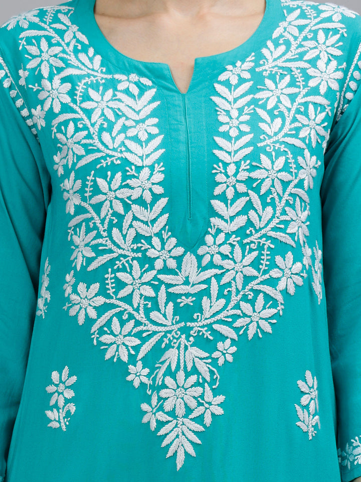 Turquoise-Blue-Rayon-Hand-Embroidered-Chikankari-Kurti