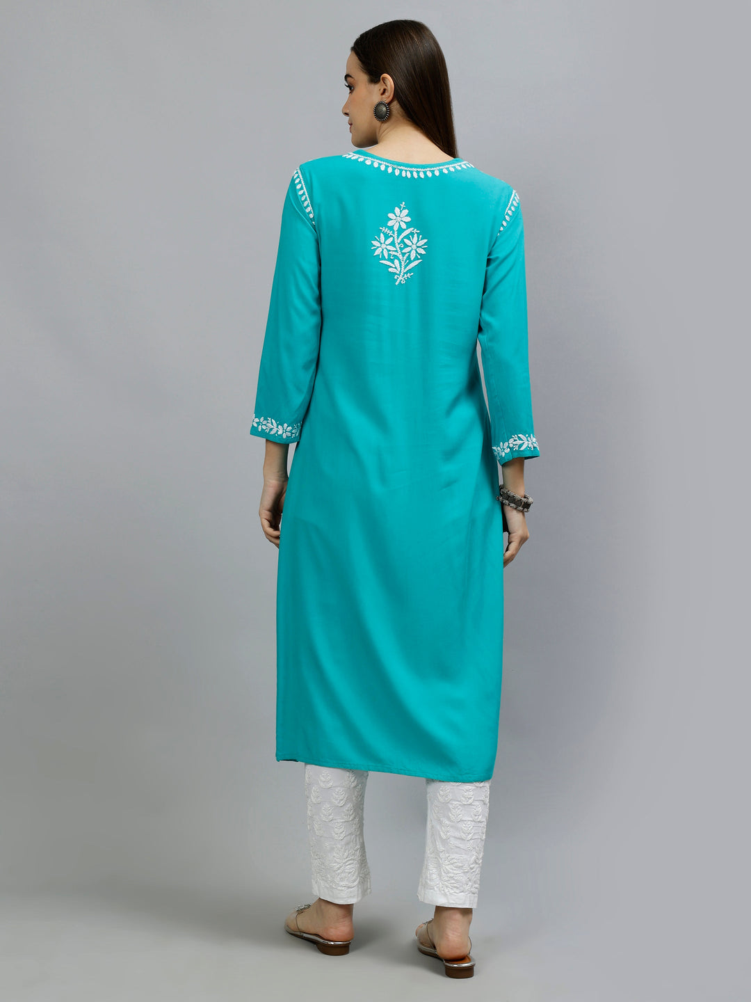 Turquoise-Blue-Rayon-Hand-Embroidered-Chikankari-Kurti