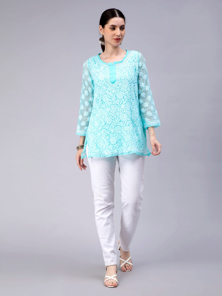 Turquoise Georgette Chikankari Tunic Top With Slip