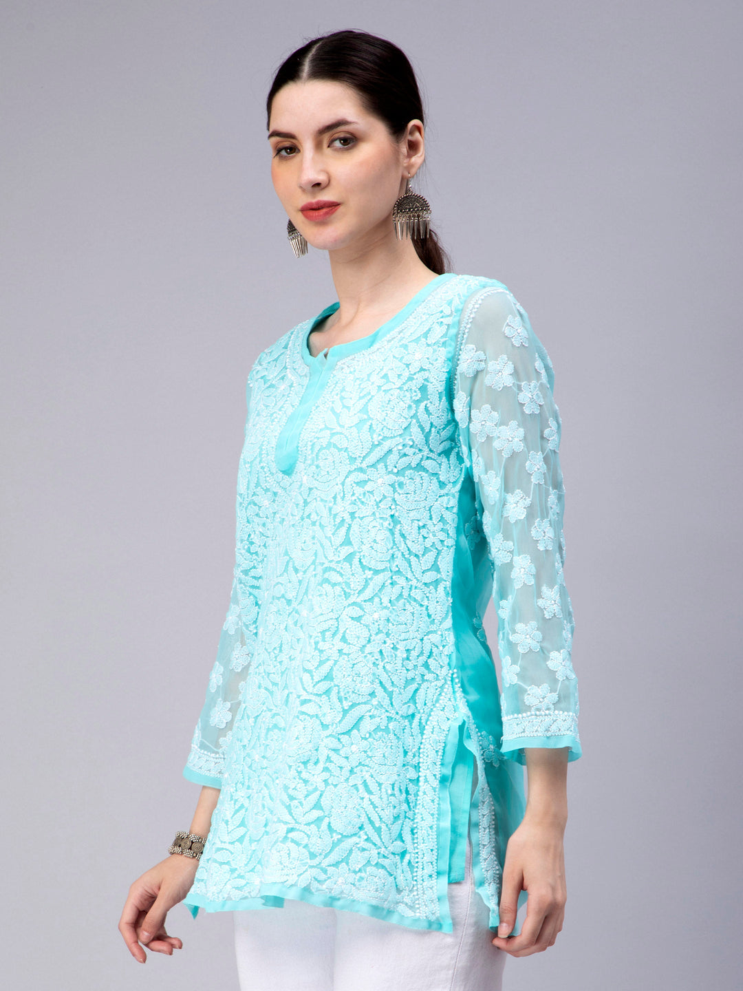 Turquoise Georgette Chikankari Tunic Top With Slip