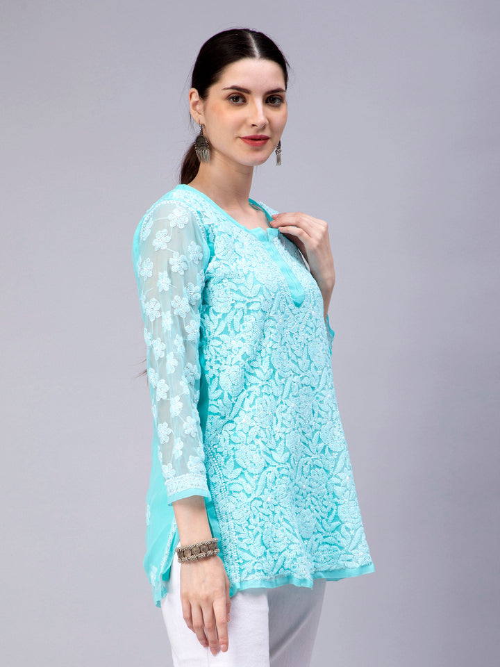 Turquoise Georgette Chikankari Tunic Top With Slip