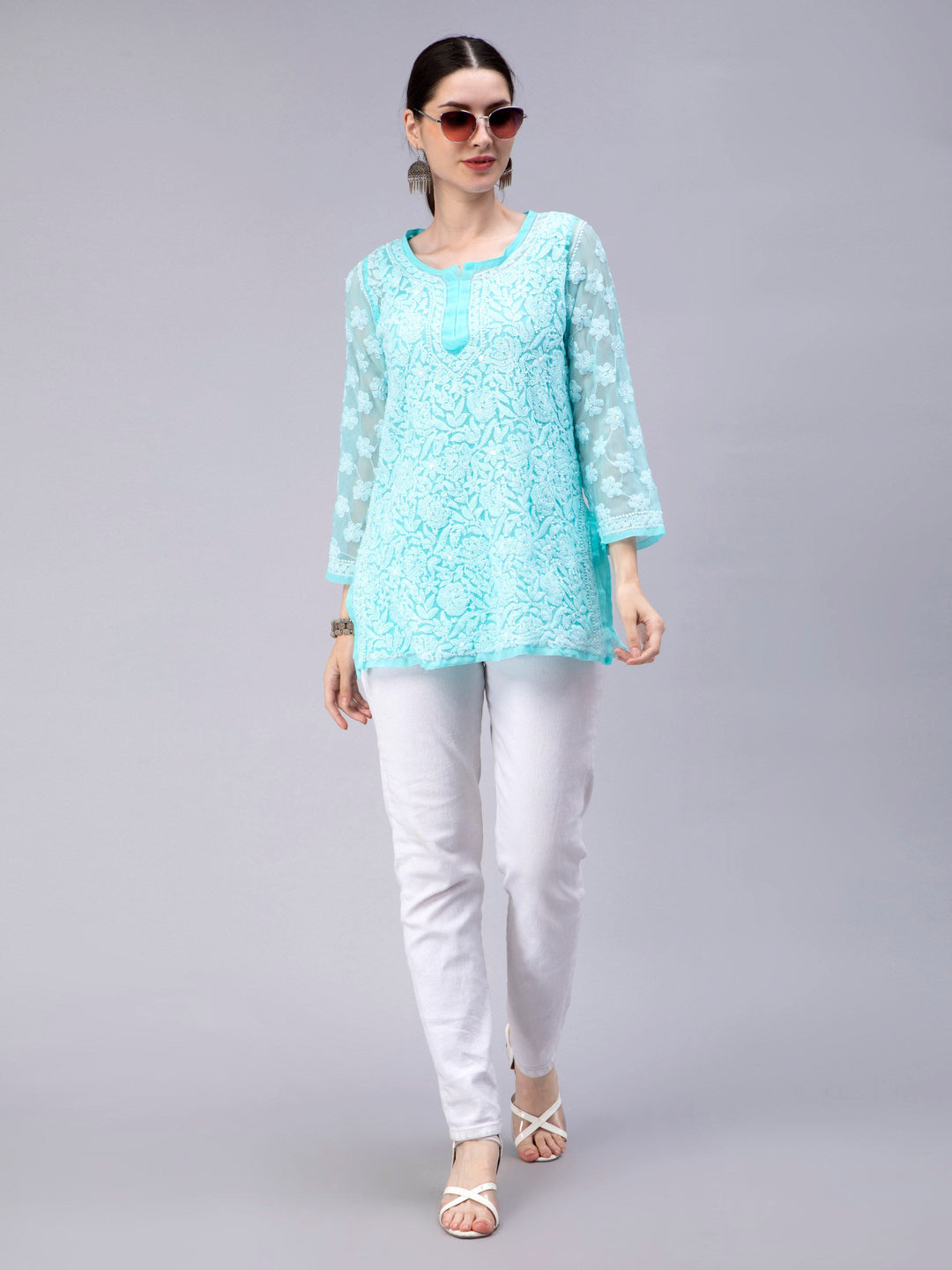 Turquoise Georgette Chikankari Tunic Top With Slip