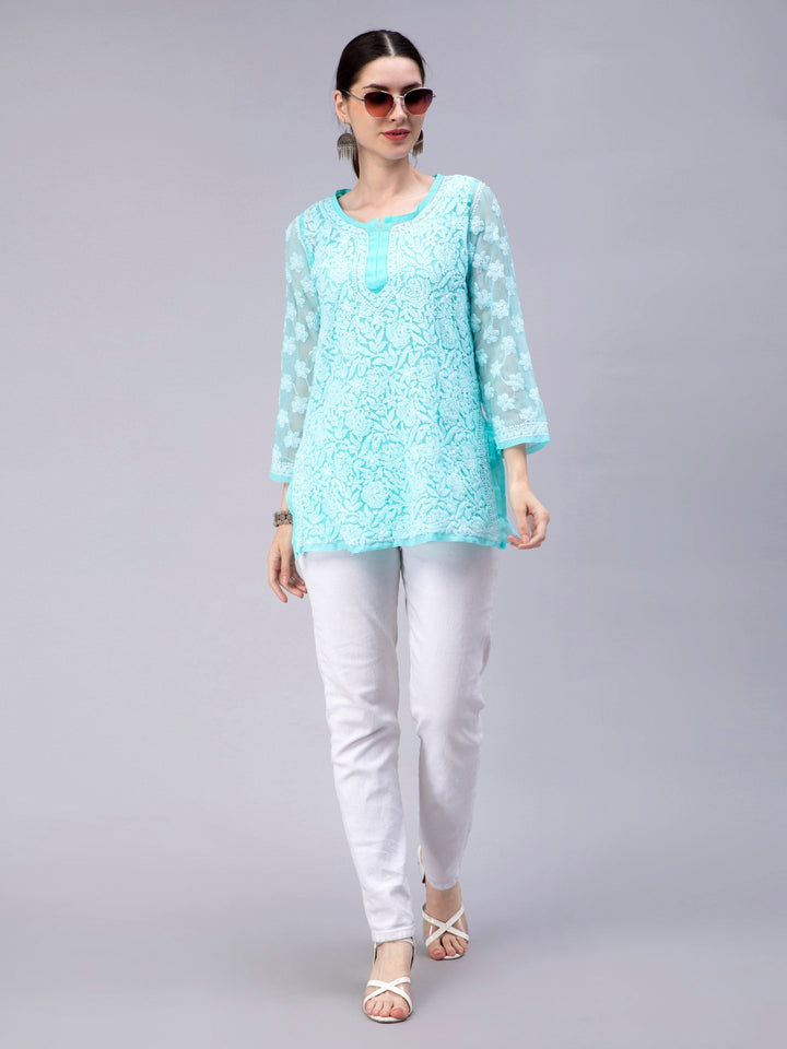 Turquoise Georgette Chikankari Tunic Top With Slip