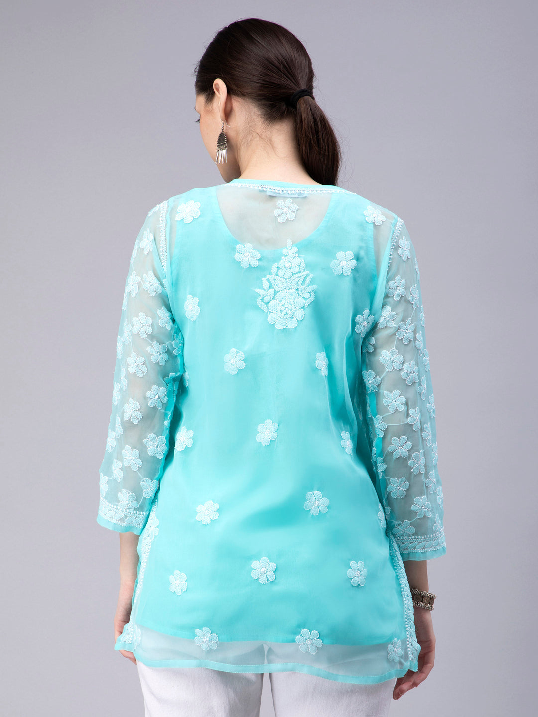 Turquoise Georgette Chikankari Tunic Top With Slip