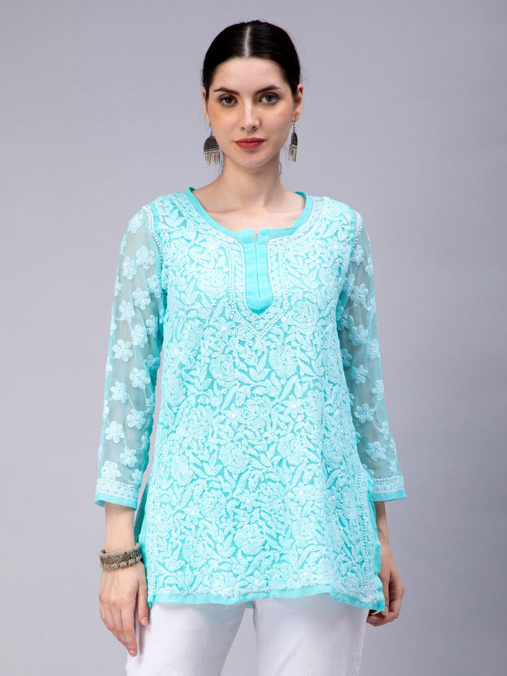 Turquoise Georgette Chikankari Tunic Top With Slip