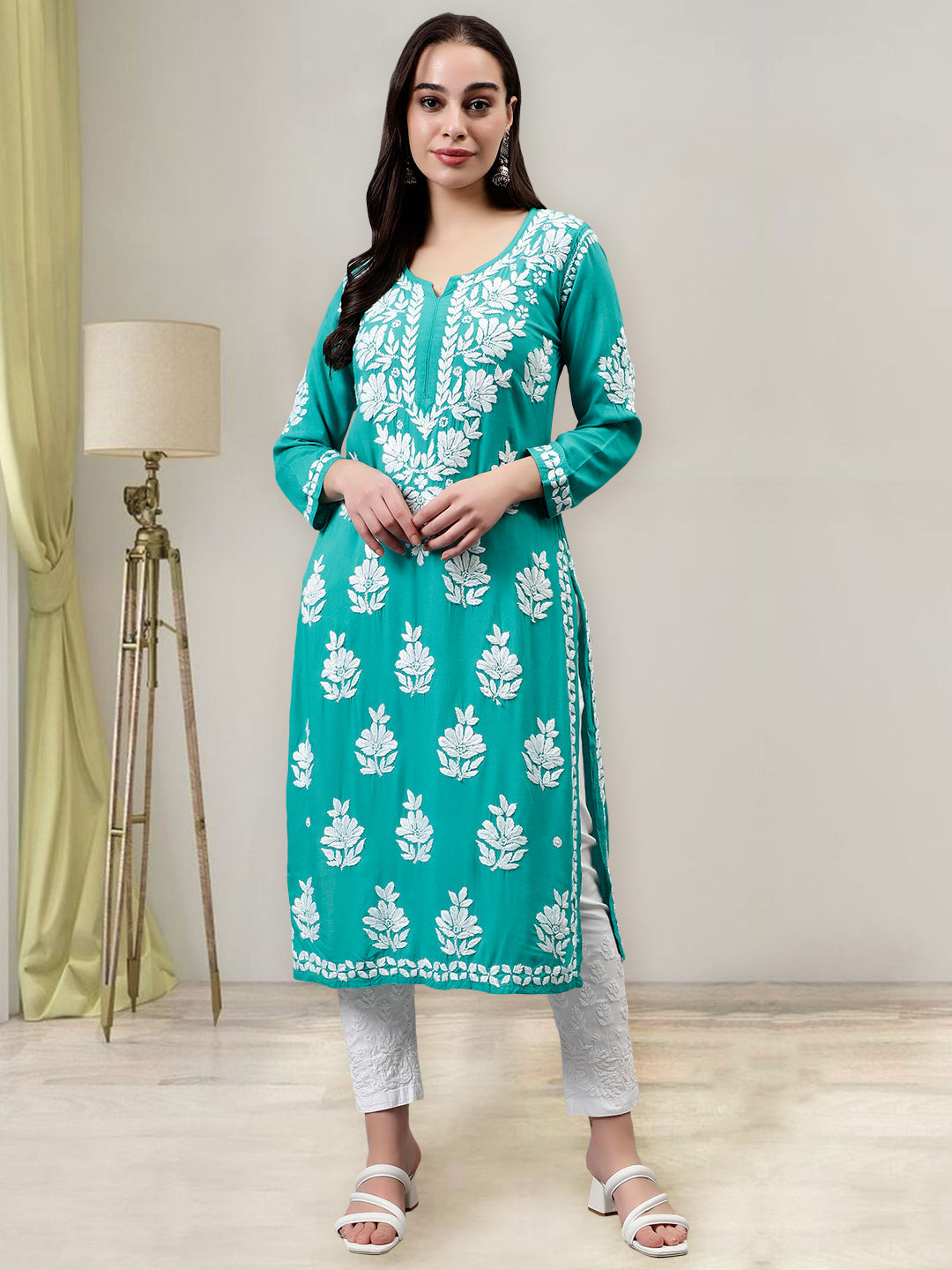 Turquoise-Green-Rayon-Hand-Embroidered-Chikankari-Kurti