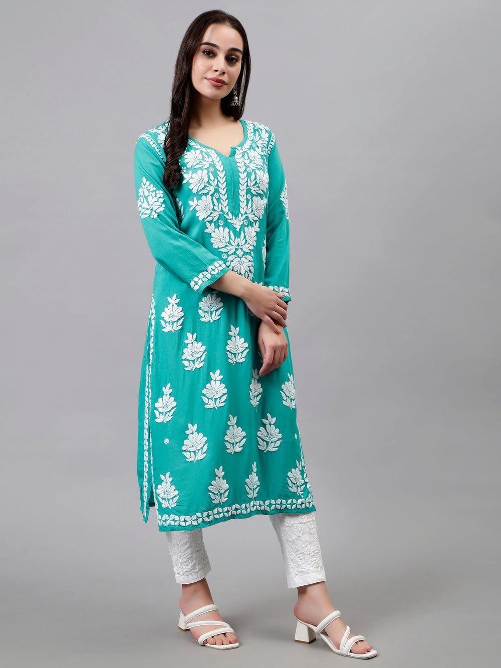 Turquoise-Green-Rayon-Hand-Embroidered-Chikankari-Kurti