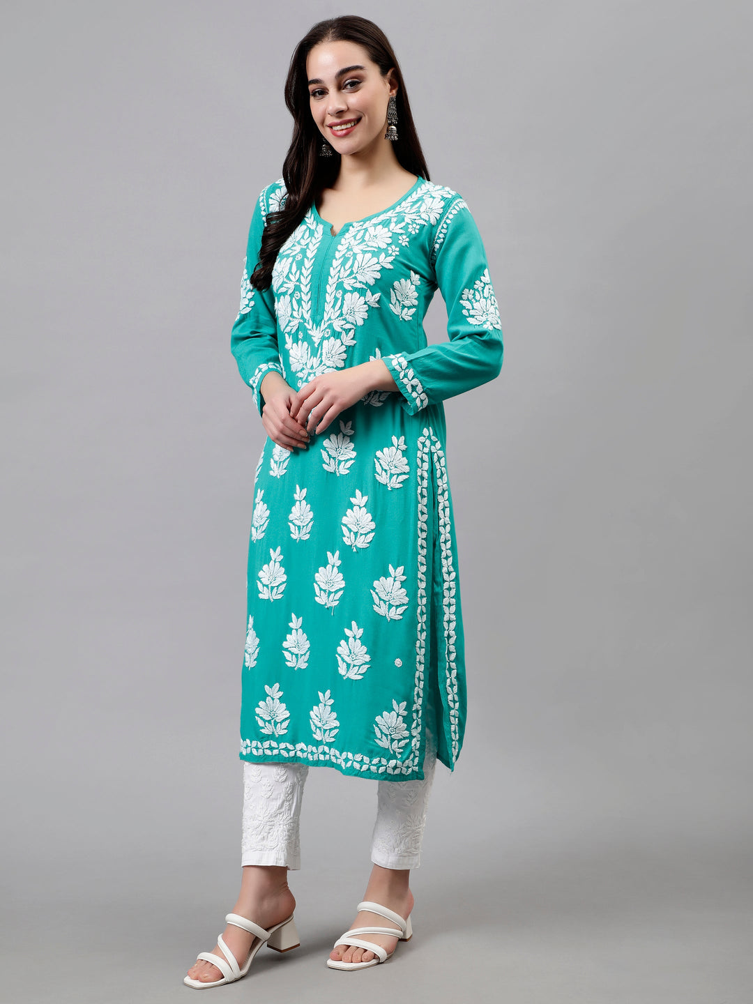 Turquoise-Green-Rayon-Hand-Embroidered-Chikankari-Kurti